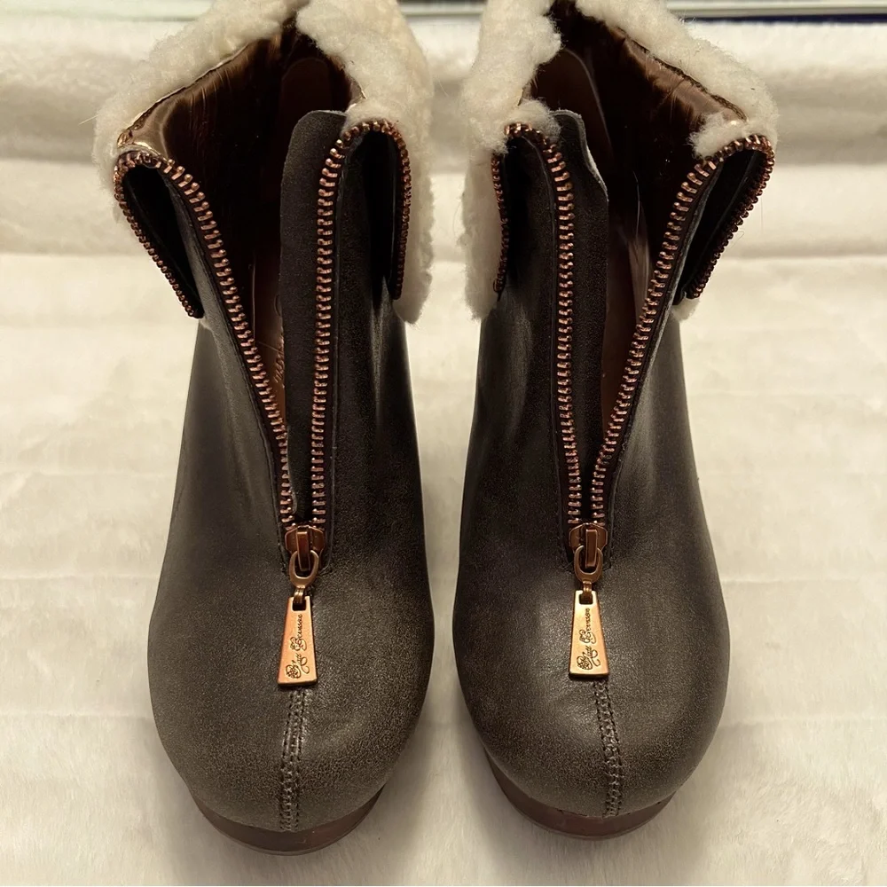 NEW Matt Bernson Brown Leather Zip Wedge Heel Bootie w/ Faux Sherpa Trim